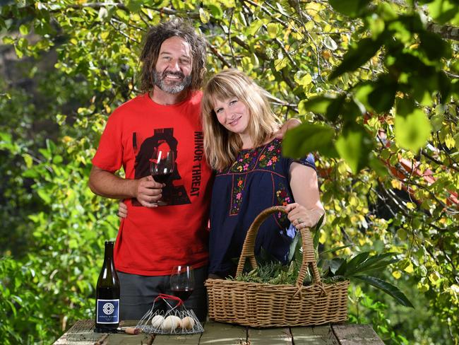 15/2/17 - Source SA - cover story - Taras Ochota's guide to the Adelaide Hills. Rockstar winemaker Taras at his favourite places to eat and drink in the Hills, plus vineyards views. Taras with his wife Amber at their Basket Range property. Photo Naomi Jellicoe