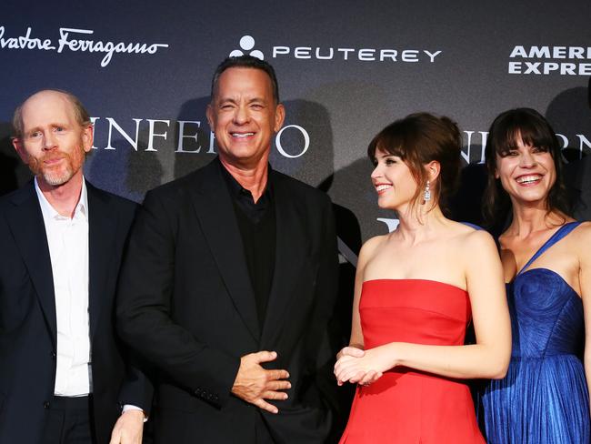 Inferno director Ron Howard, actors Tom Hanks, Felicity Jones and Ana Ularu at the movie’s premiere in Florence, Italy. Picture: Ernesto Ruscio / Getty for Sony Pictures Entertainment