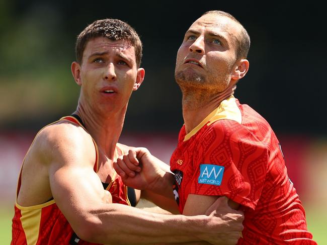 GOLD COAST, AUSTRALIA - NOVEMBER 25: Jarrod Witts and Max Knobel during a Gold Coast Suns AFL training session at Austworld Centre Oval on November 25, 2024 in Gold Coast, Australia. (Photo by Chris Hyde/Getty Images)