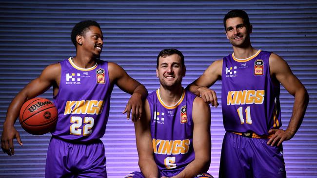 (L-R) Casper Ware, Andrew Bogut and Kevin Lisch of the Sydney Kings. Picture: AAP Image/Joel Carrett