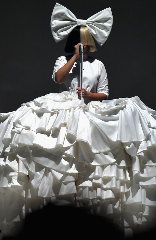 If Sia wears that dress and the wind blows she might end up home in Adelaide. Picture: Theo Wargo
