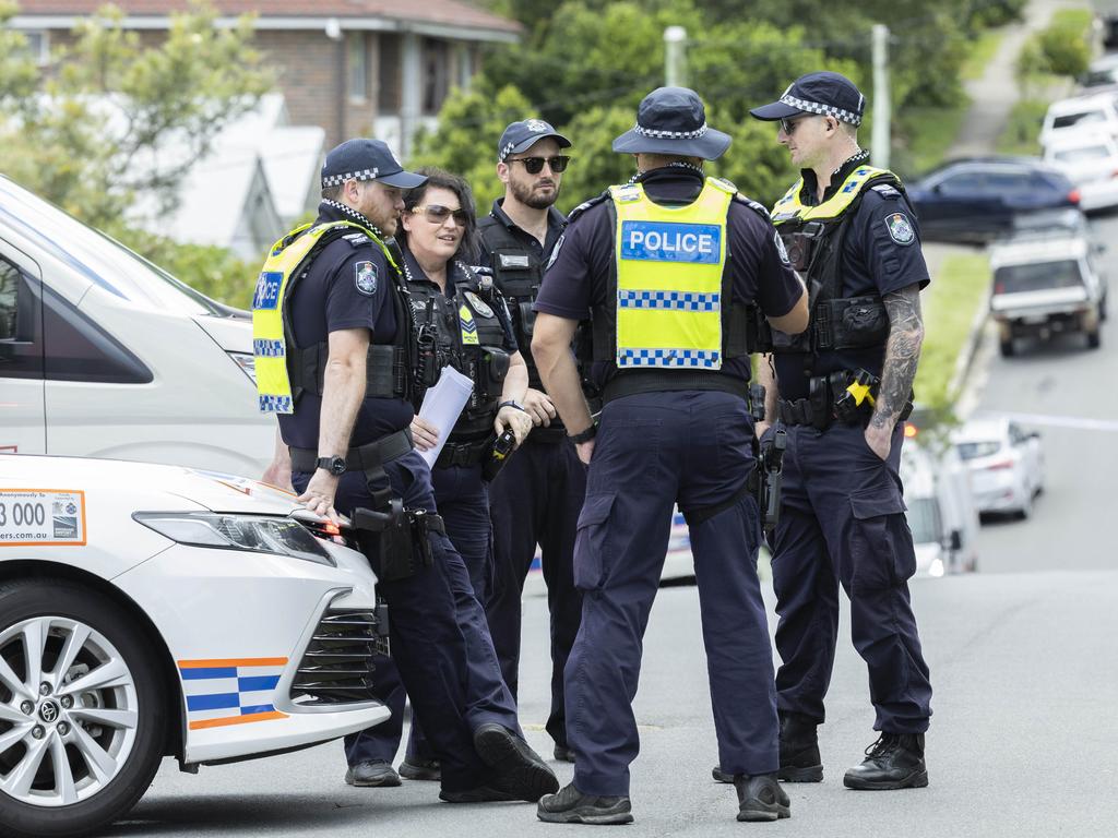 Queensland Police at the scene of a shooting in Tamar Street, Annerley. Picture: Richard Walker