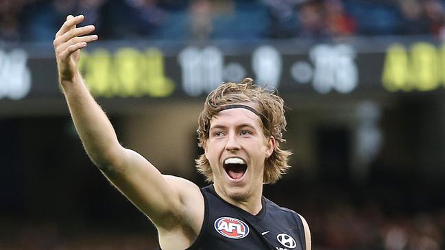 Will Setterfield celebrates kicking the sealer in the last term against Adelaide. Picture: Michael Klein