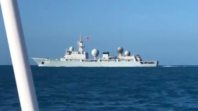 Chinese spy ship Tianwangxing on Australia’s east coast after sailing through the Torres Strait. Picture: Twitter