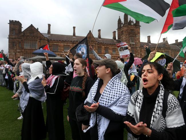 Pro-Palestine protesters gather on the University of Sydney lawn. Picture: Lisa Maree Williams/Getty Images