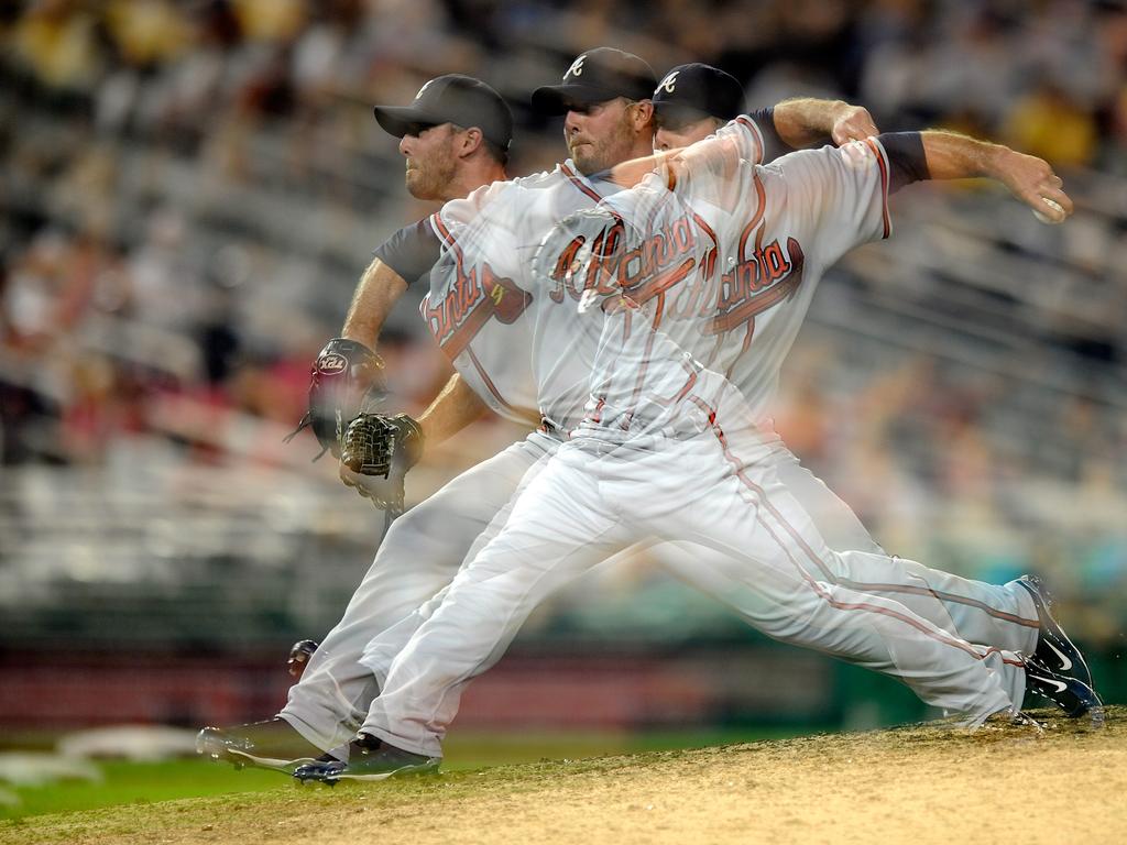 A multiple exposure image of Billy Wagner pitching for the Atlanta Braves in 2010. Picture: G Fiume/Getty Images