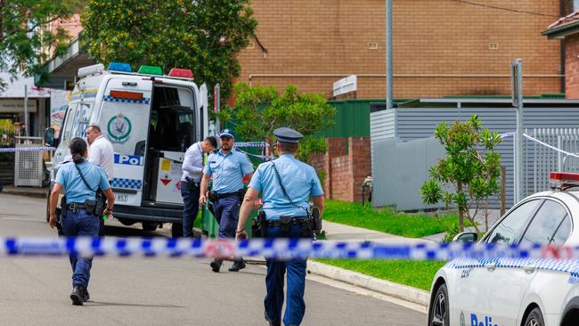 NSW Police at the scene after a woman’s body was found inside a Belmore unit on Wednesday morning. Picture: Justin Lloyd