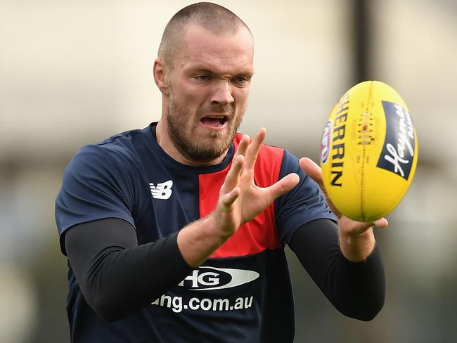 MELBOURNE, AUSTRALIA - JUNE 06:  Max Gawn of the Demons marks during a Melbourne Demons AFL training session at Gosch's Paddock on June 6, 2017 in Melbourne, Australia.  (Photo by Quinn Rooney/Getty Images)