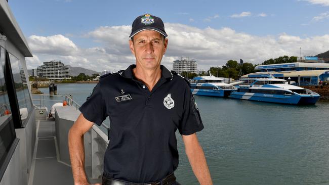 Officer in Charge of Townsville Water Police, Sergeant Matthew Pegg on the Brett Irwin MV. Picture: Evan Morgan