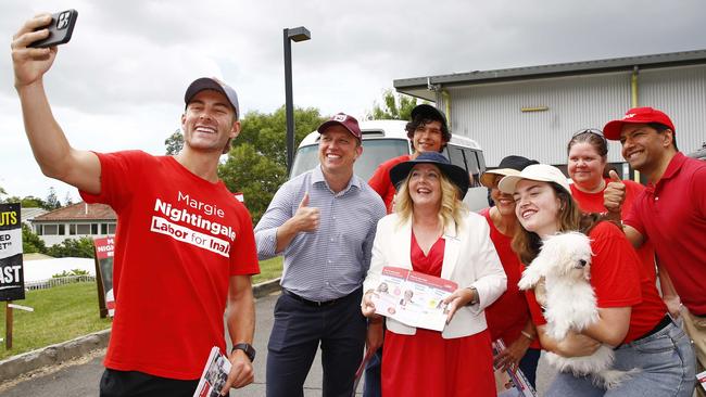 Queensland Premier Steven Miles and local candidate Margie Nightingale at the Inala State School during the elections. Picture: NCA NewsWire/Tertius Pickard