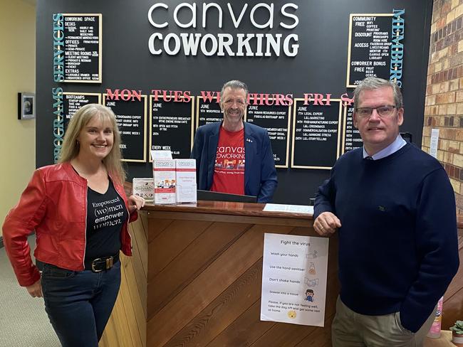 Startup Support: Federal Member for Groom Dr John McVeigh (left) joined Canvas Coworking Inc. Community Manager Joy Taylor and President David Masefield to announce Federal Government funding to support female entrepreneurs in the region.