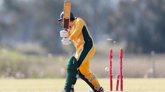 Annike Vallette’s stumps are smashed. Picture: Sue Graham