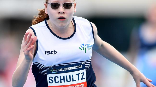 Zoe Schultz (VIC) competes in the Girls MC1 100m during the Australian Little Athletics Championships at Lakeside Stadium in Albert Park, Victoria on April 23, 2023.