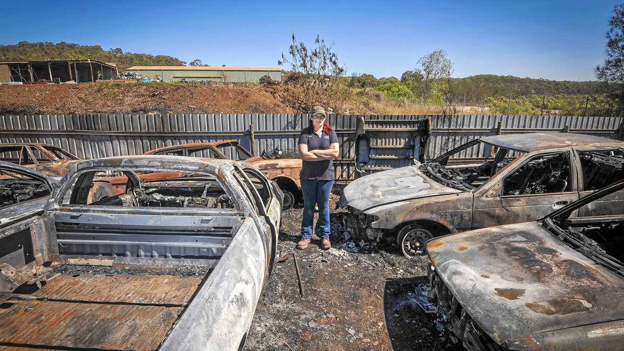 EXTENSIVE DAMAGE: Williams Auto Wreckers & Mechanical owner Tanya Williams said the loss of 14 cars in a fire has left a big dent on the business's stock. Tanya also lost her 1960s Ford Falcon in Tuesday's blaze. Picture: Matt Taylor GLA220818FIRE