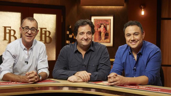 Andy Maher, Mick Molloy and Sam Pang on the set of Channel 7 AFL football show The Front Bar.