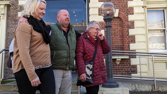 Murder victim Shane Barker’s sister Nicole Garwood, brother Paul Barker, and mum Barbara Barker after Cedric and Noelene Jordan were found guilty. Picture: Alex Treacy