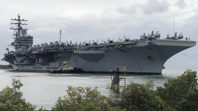 The USS Ronald Reagan at the mouth of the Brisbane River.