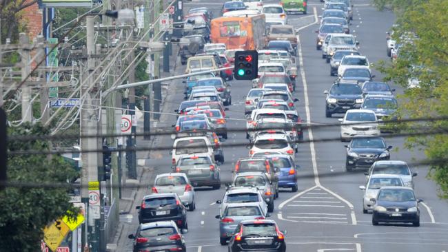 Traffic congestion on Punt Rd, South Yarra, looking from Toorak Rd towards Commercial Road. Picture: Andrew Henshaw