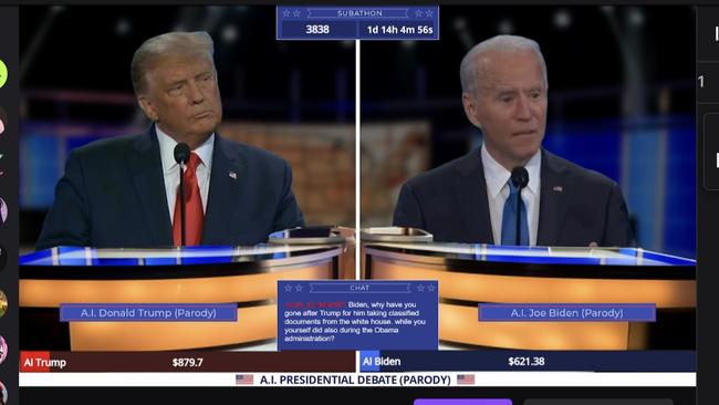 Deep fake AI Donald Trump and Joe Biden in a “live” debate on Twitch. Picture: Trumporbiden2024