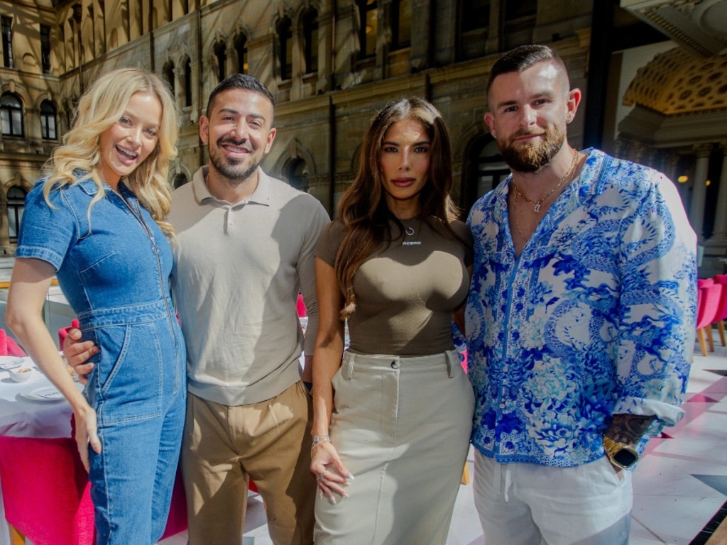 Jono with his model girlfriend Simone Holtznagel (L) and Amy with her partner, footballer Aaron Evans.