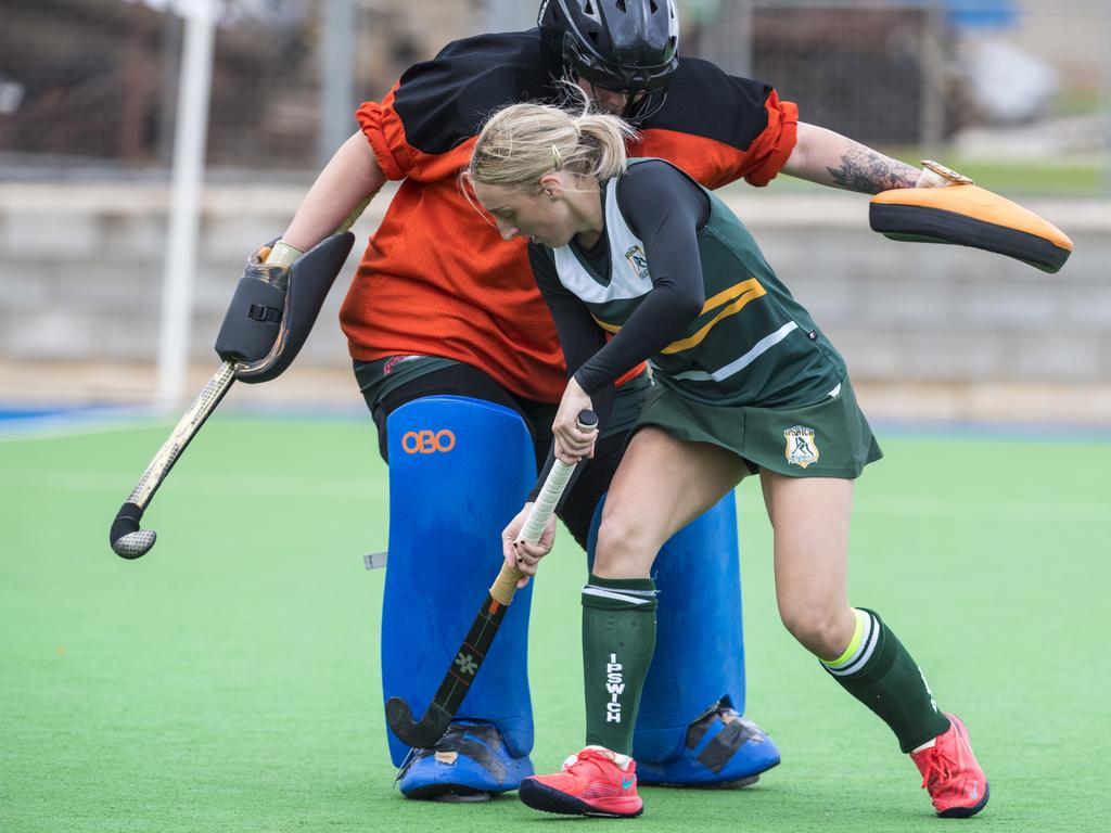Gladstone keeper Rachel Groves keeps out an attack from Ipswich in Hockey Queensland Championships at Clyde Park, Sunday, May 2, 2021. Picture: Kevin Farmer