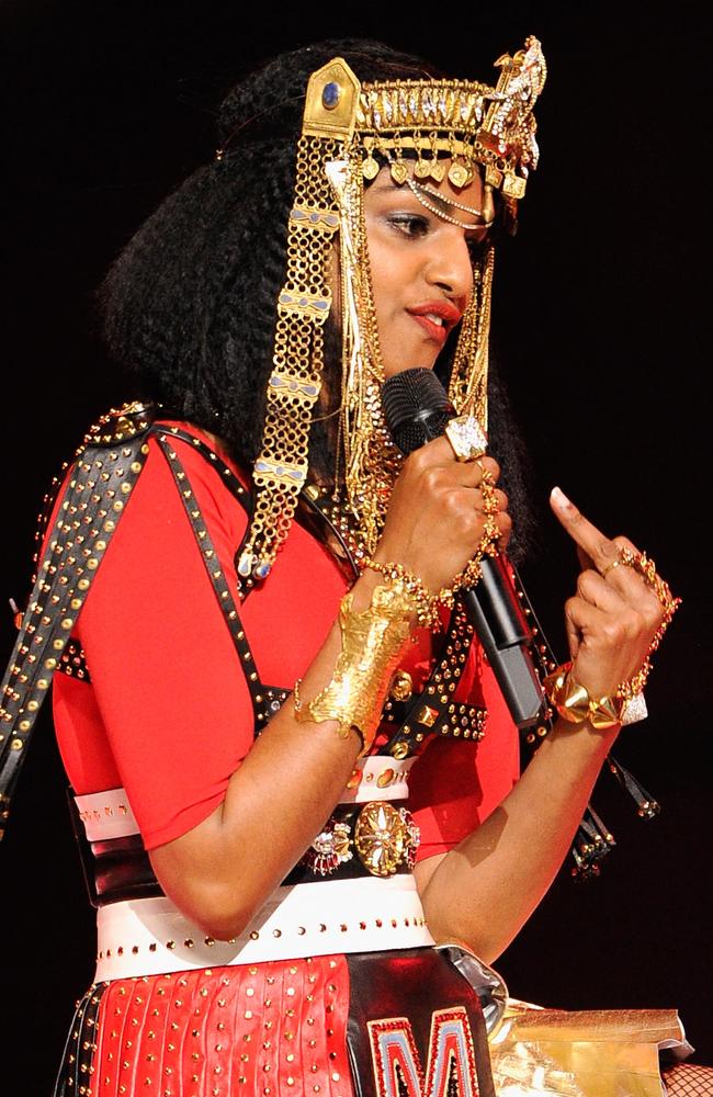 While Madonna was surprisingly uncontroversial, British rapper M.I.A. was hit with a $25m lawsuit by the NFL for sticking up her middle finger during the show. Picture: Kevin Mazur/WireImage/Getty Images