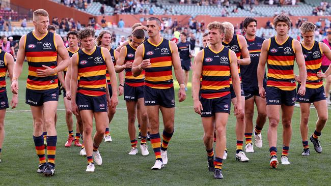 The Crows react to the heavy loss to the Giants. Picture: James Elsby/AFL Photos via Getty Images