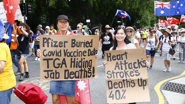 Protesters carried signs attacking the legitimacy of the government. Picture: NCA NewsWire/Tertius Pickard