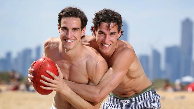 Twins Ben and Max King have some fun at Brighton Beach before Thursday night’s draft, where they could become the first twins to be selected in the top 10. Picture: David Caird