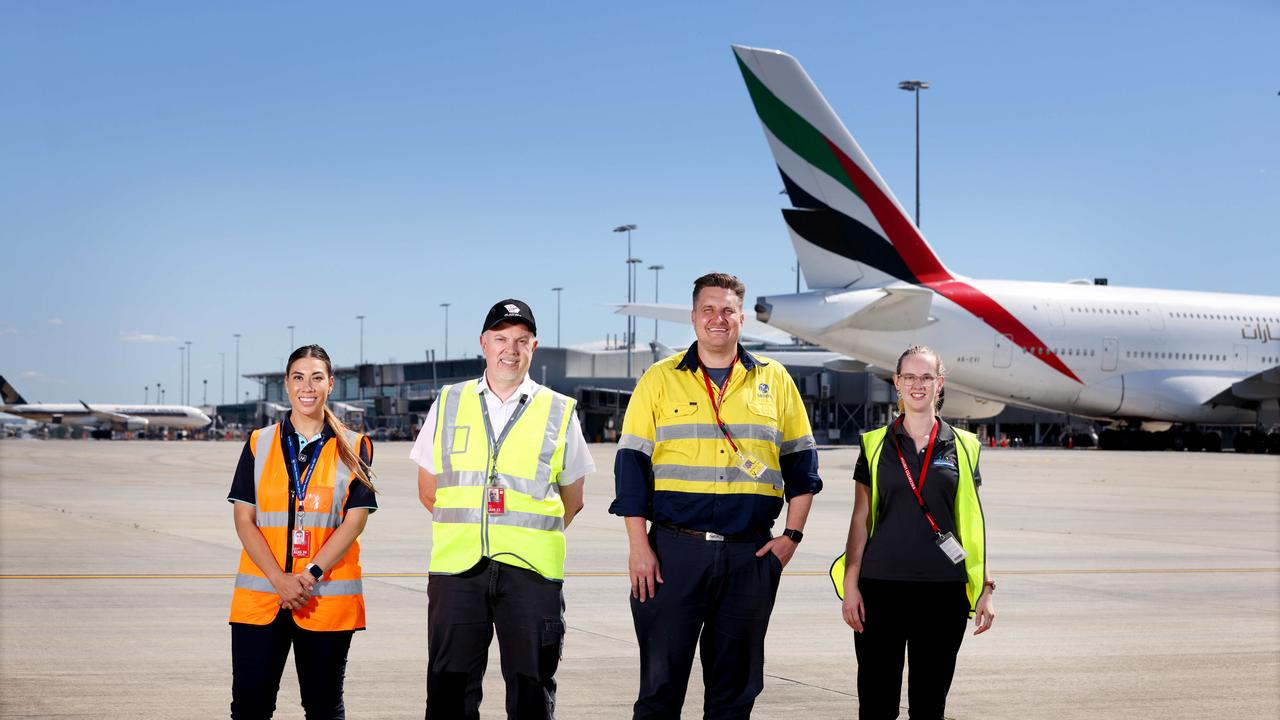 Kelly-Anne Scott, Cargo Supervisor Menzies Aviation; Jeffrey Lynch, Senior Engineer Virgin Australia; David Clarey, GEODIS Australia Warehouse Manager; and Jessica Seemann Milestones early learning centres North Brisbane Lead educator. Photo Steve Pohlner