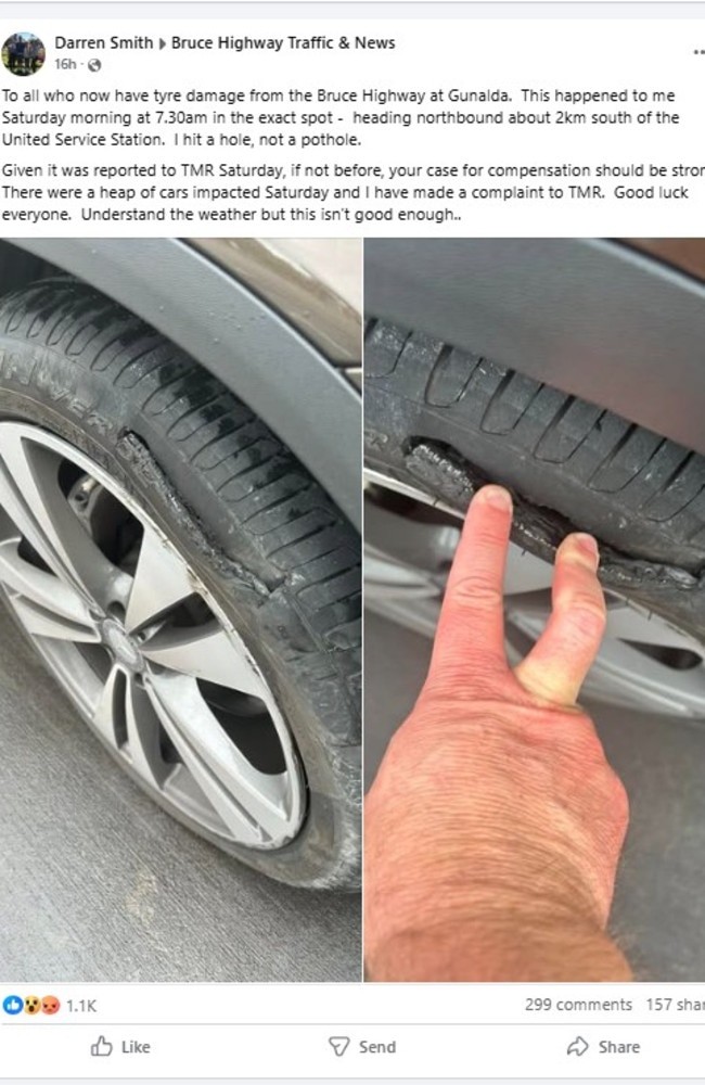 Drivers have unleashed on social media over the condition of the Bruce Highway north of Gympie after days of heavy rain opened tyre-busting holes along a major part of the state’s main road. Picture: Darren Smith, Facebook.