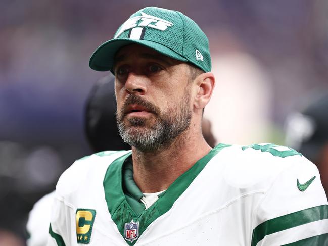 LONDON, ENGLAND - OCTOBER 06: Aaron Rodgers of New York Jets looks on during the NFL match between New York Jets and Minnesota Vikings at Tottenham Hotspur Stadium on October 06, 2024 in London, England. (Photo by Naomi Baker/Getty Images)