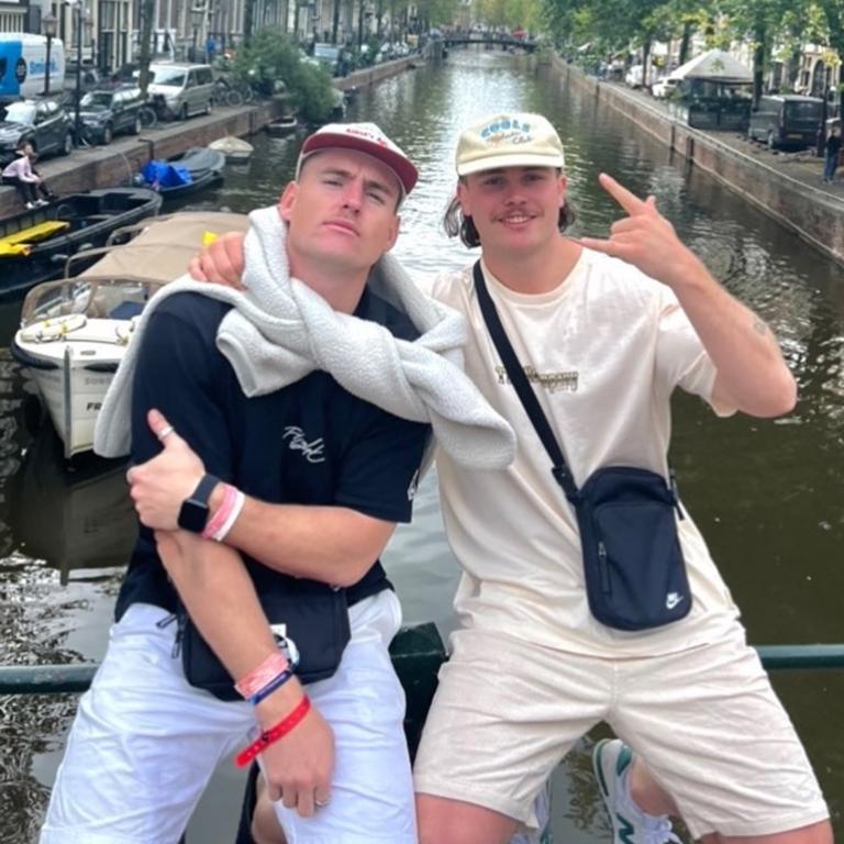 Liam Hampson (right) was ‘living his best days’ on a trip to Europe with rugby mates, his family has said. Picture: Instagram