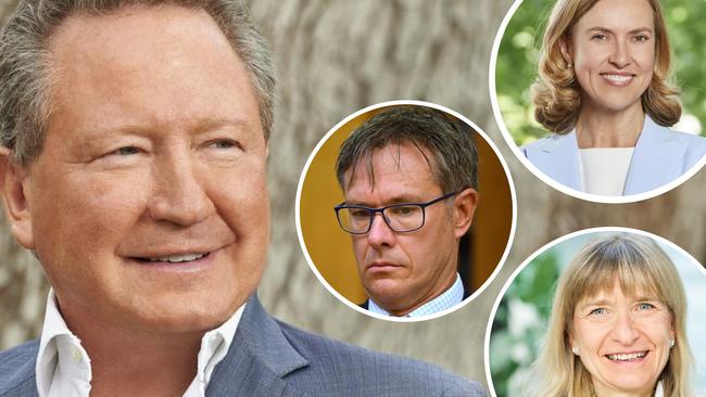 Andrew Forrest, outgoing Fortescue board member Guy Debelle, former CEO Fiona Hicks and former CFO Christine Morris.