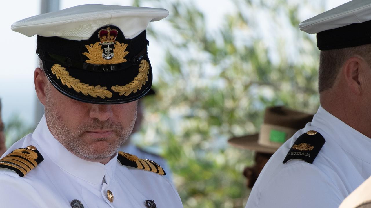 Captain David Shirvington as Australians, Americans and Japanese gather before the USS Peary Memorial, Darwin Esplanade, to commemorate the Bombing of Darwin. Picture: Pema Tamang Pakhrin