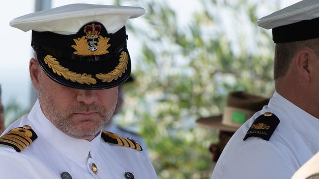 Captain David Shirvington as Australians, Americans and Japanese gather before the USS Peary Memorial, Darwin Esplanade, to commemorate the Bombing of Darwin. Picture: Pema Tamang Pakhrin