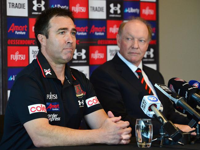 Bombers coach Brad Scott and president David Barham. Picture: NCA NewsWire / Nicki Connolly