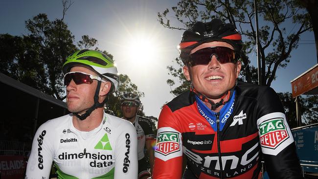 Mark Renshaw from Team Dimension Data chats with Simon Gerrans BMC Racing Team prior to the People's Choice Classic on Sunday. Picture: Daniel Kalisz/Getty Images