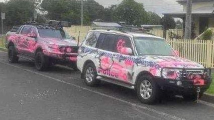 Vandalised police vehicles outside Coraki Police Station on Tuesday.