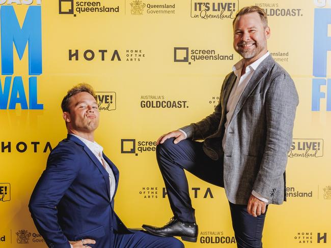 Lincoln Lewis and Josh Martin at the Queensland Premiere of Polite Society at the Opening Night Gala of the 21st Gold Coast Film Festival, April 19 2023. Picture: Supplied