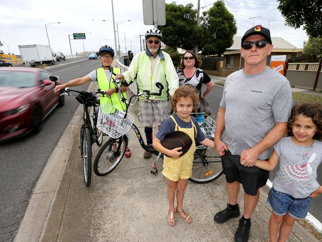 Residents concerned with Telegraph Bridge, Geelong West. Helen and David White, Justin Coburn with Leela, 7, and Asha, 5, and Pam Colenson. Picture: Mike Dugdale