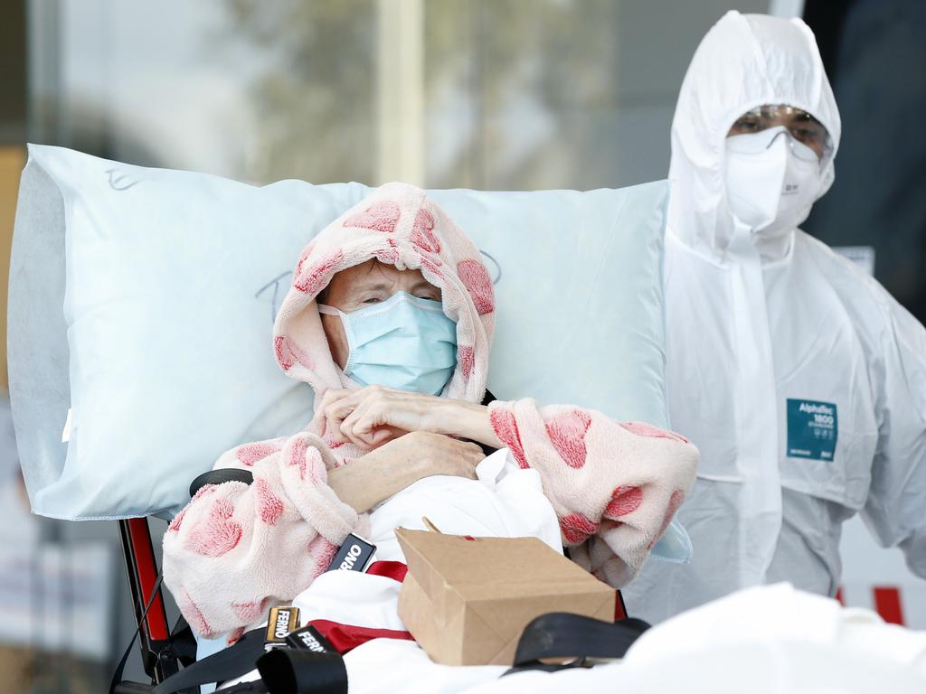 A resident of Epping Gardens is taken away in an ambulance on July 28, 2020. Picture: Darrian Traynor/Getty Images