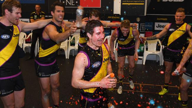 The Tigers crowned their weekend win over Collingwood with a Gatorade shower for debutante Liam Baker. Picture: Getty Images