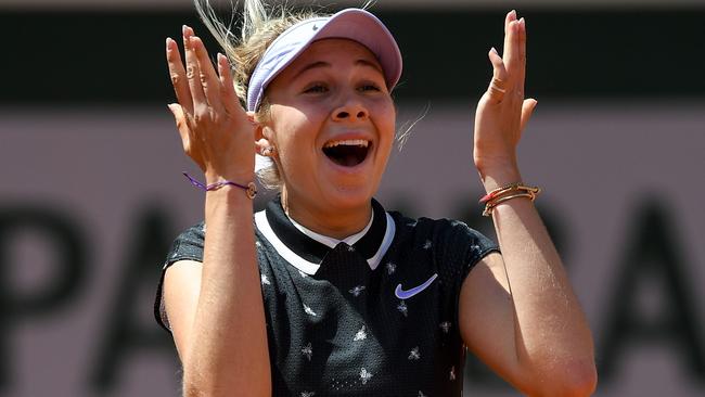 Amanda Anisimova after beating Simona Halep in Paris. Picture: AFP