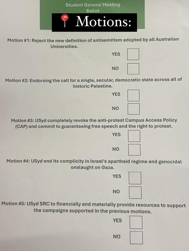 The first two motions called for the rejection of the Universities Australia definition of anti-Semitism and the elimination of the state of Israel. Source: Instagram