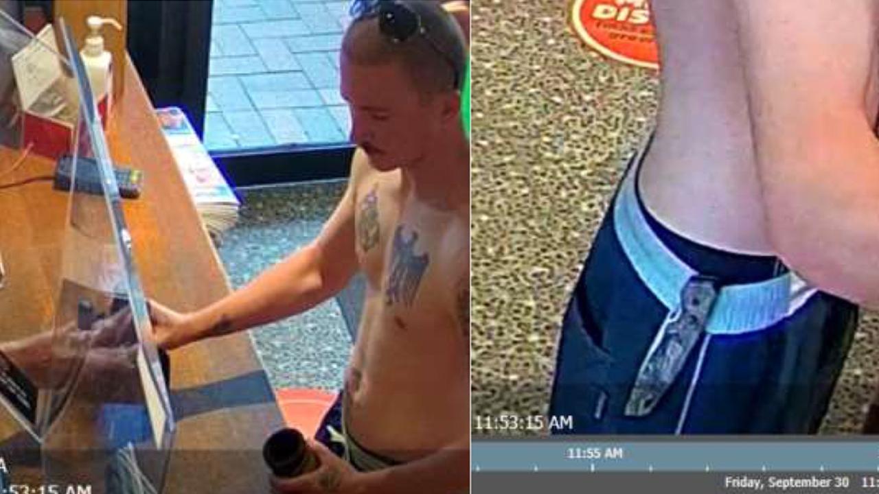 CCTV obtained from the Airlie Beach BWS showed Luke with the knife clipped to his board shorts.