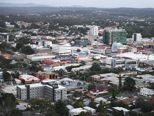 Floating Images hot air balloon flight over Ipswich on April 11, 2019. Aerial view of Ipswich CBD.