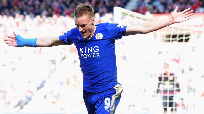 Jamie Vardy celebrates scoring against Sunderland.