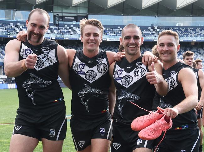 Gun Sharks (L-R) Brayden Crossley, Michael Manteit, Jacob Dawson and Boyd Woodcock after their side defeated Geeling in last season’s semi-finals. Photo: Rob Lawson/AFL Photos via Getty Images