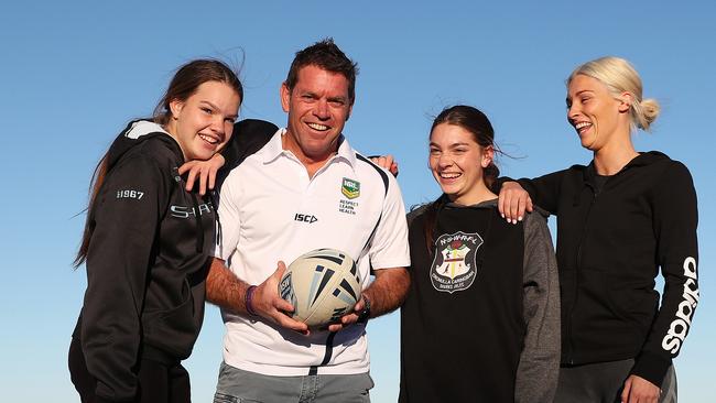 Brett Kimmorley with daughters Mia and Maddi and Jillaroo Allana Ferguson. Picture: Brett Costello